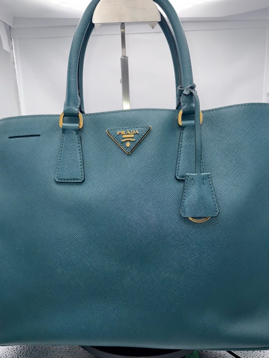 Prada Handbags - Prada Teal Saffiano Leather Double-Handle Tote with Gold Hardware